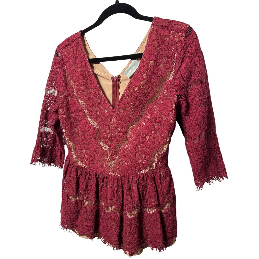Maeve Anthropologie Burgundy Lace Peplum Top V-Neck 3/4 Sleeveโ Wine Red Size M